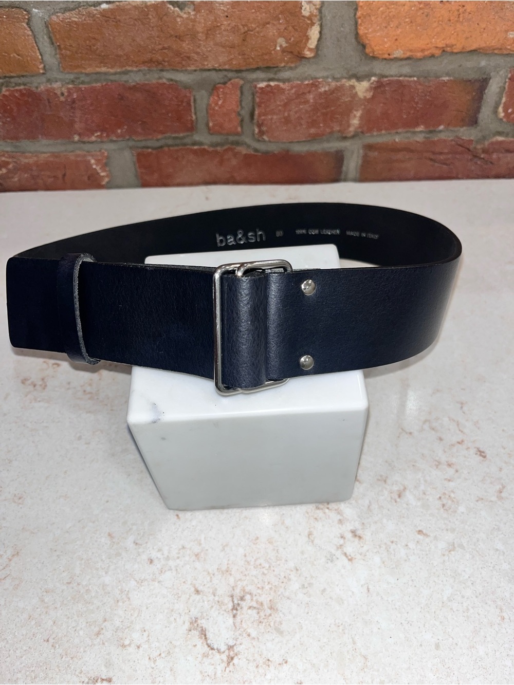 Like New ba&sh Wide Black Belt Adjustable Sz 80 27" Leather Made in Italy